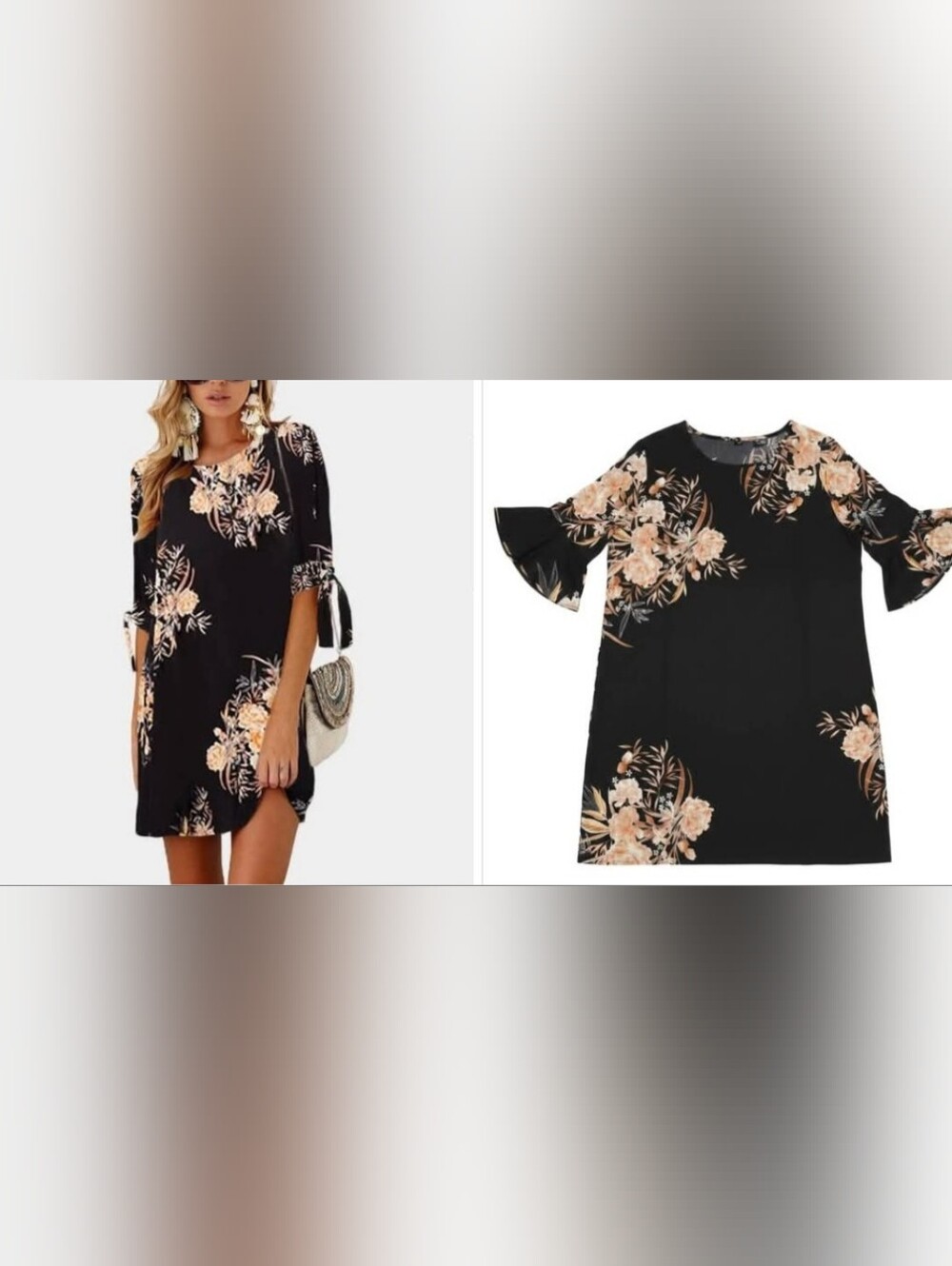 Black Floral Bell-Sleeve Women's Dress